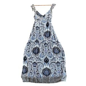 LUCCA Blue White Paisley Ruffle Sleeve V-Neck Maxi Dress Womens Size Medium Boho